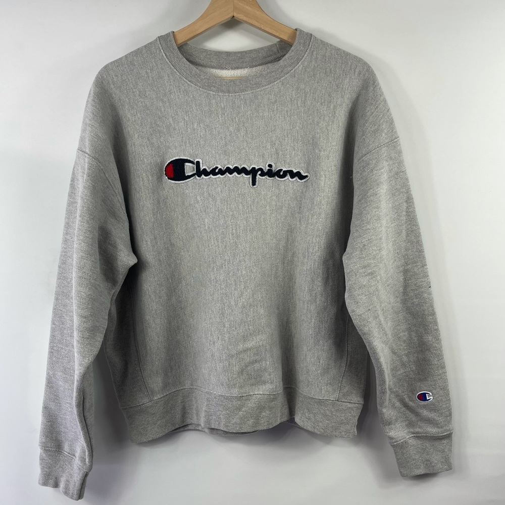 Vintage 90's Champion Reverse Weave Felt Applique Sweatshirt Pullover Grey Large